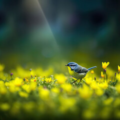 a small bird standing in field of yellow flowers