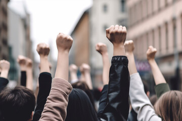 rear view of People with raised fists at a demonstration in the city