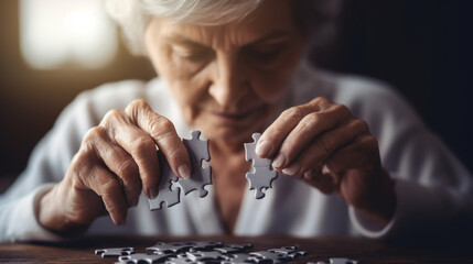 アルツハイマー病の概念、ジグソーパズルがなくなった脳のシンボルを持つ高齢女性、世界のアルツハイマー病、世界のメンタルヘルスGenerativeAI - obrazy, fototapety, plakaty
