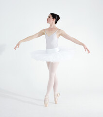 Dance, ballet and performance with woman in studio for balance, elegant and creative. Artist,...