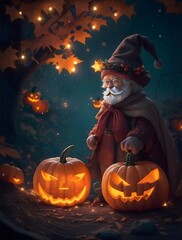 Illustration of santa claus on halloween, pumpkin, pumpkins, light, autumn leaves, tree, night, AI generative 
