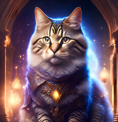 clever smart cat dress as a wizard in castle, generative art by A.I.