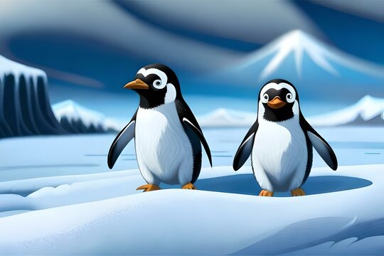 Two penguins playing in the snow, created with generative AI.