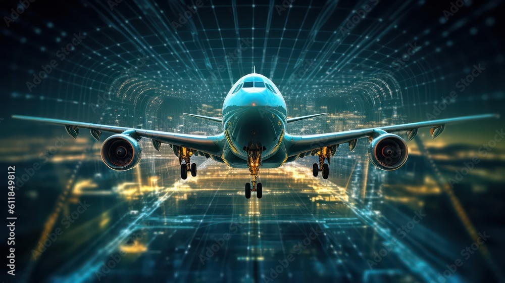 Aufkleber 3d ai generated image of the airplane in abstract digital technology background.