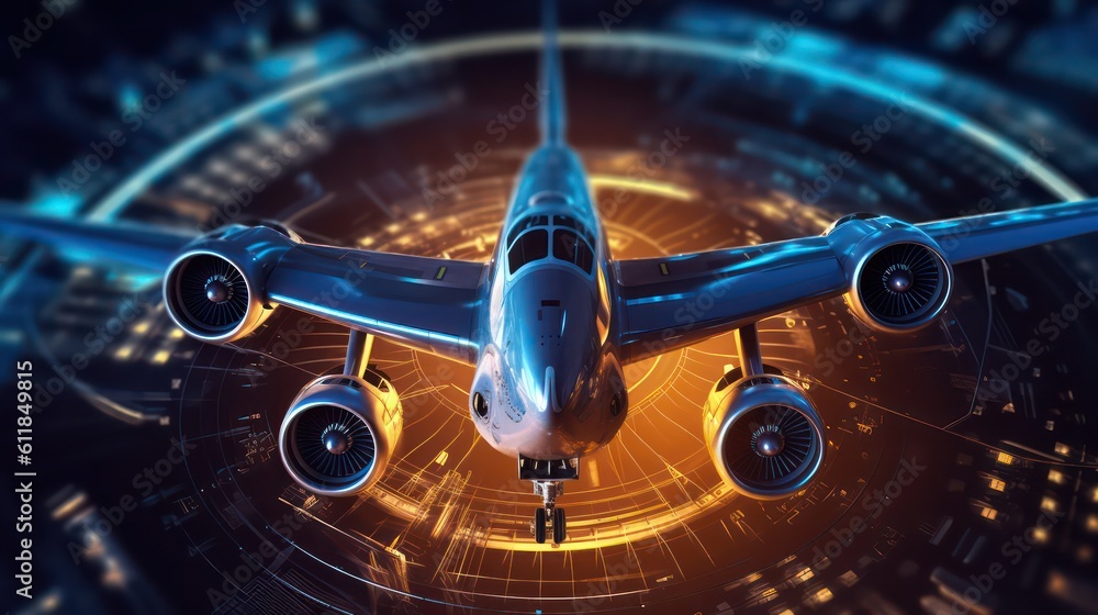 Aufkleber 3d ai generated image of the airplane in abstract digital technology background.