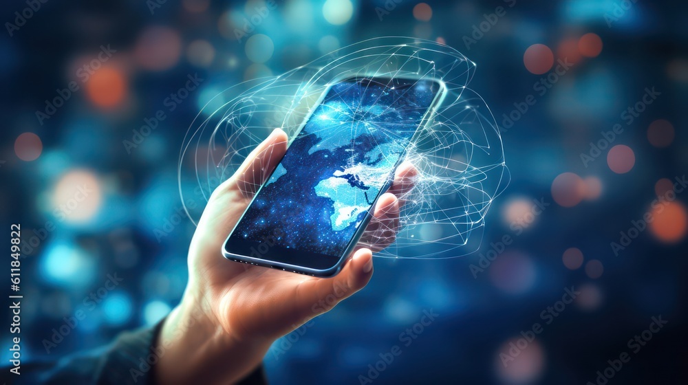 Aufkleber ai generated 3d image of smartphone in hand with a glowing network hologram over blurred background.