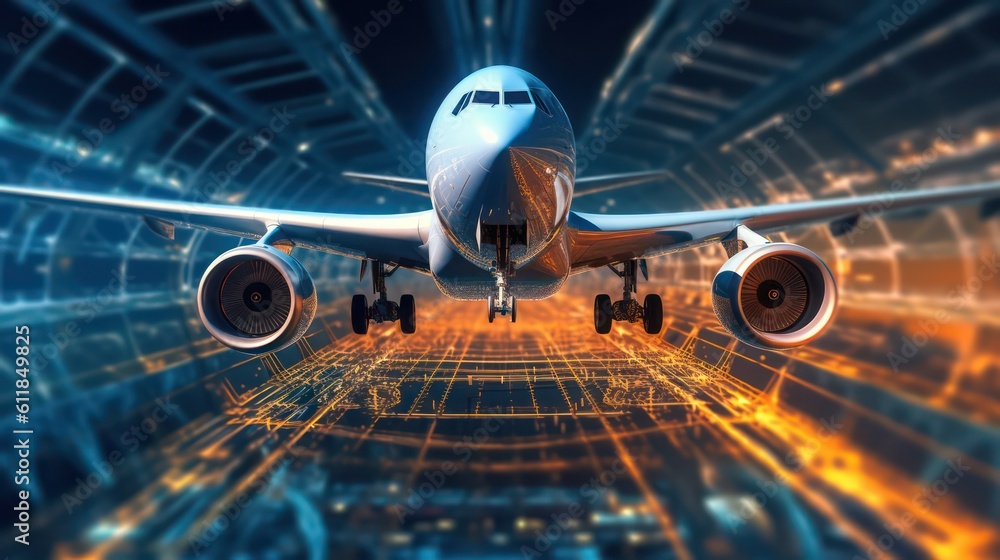 Aufkleber 3d ai generated image of the airplane in abstract digital technology background.
