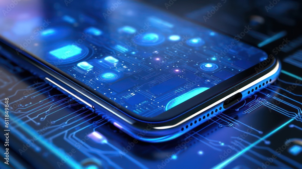 Aufkleber smartphone with a global hologram network connection with bokeh blurred background. ai generated 3d 