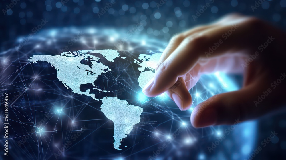 Poster ai generated 3d image of the businessman's hand holding a digital globe hologram on a world network 