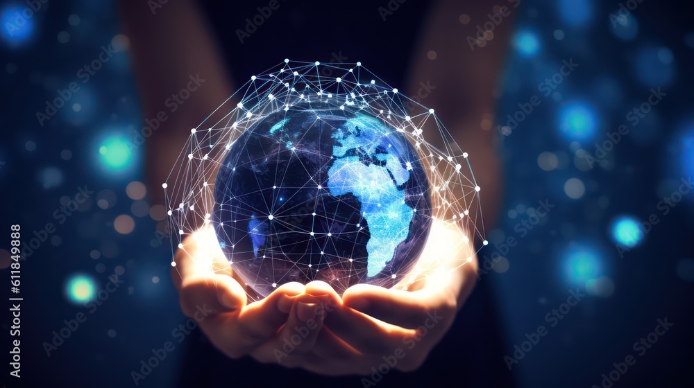 Aufkleber ai generated 3d image of the businessman's hand holding a digital globe hologram on a world network 