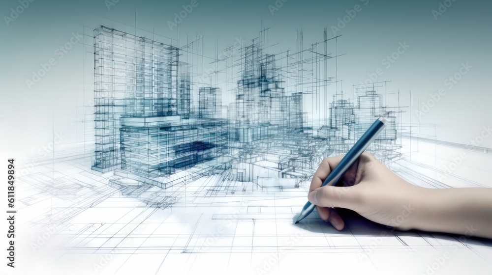 Poster ai generated 3d image of human's hand using a pen writing on a digital blueprint with cityscape on a
