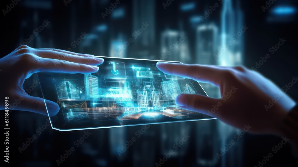 Aufkleber ai generated 3d image of hand holding smartphone with a glowing network hologram over blurred backgr