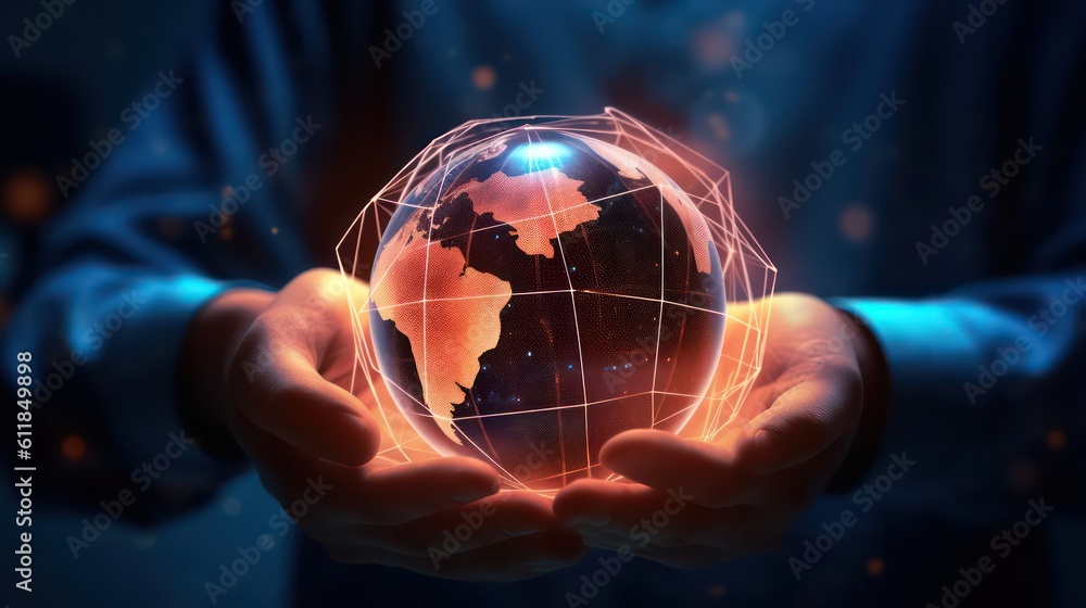 Aufkleber ai generated 3d image of the businessman's hand holding a digital globe hologram on a world network 