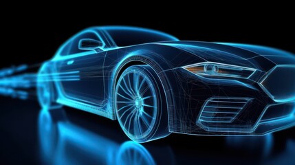 Fototapeta na wymiar AI generated 3d image of a futuristic holographic wireframe car model with a digital color background.