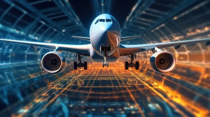 Fototapeta premium 3d AI generated image of the airplane in abstract digital technology background.