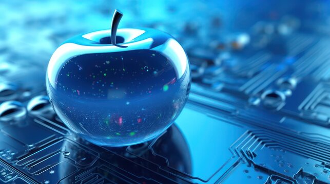 AI generated 3D image of the crystal apple ball with water drops on a blurred bokeh background.