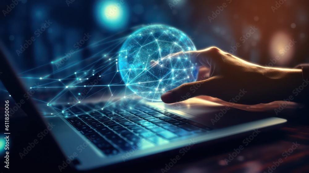 Poster ai generated 3d image of the businessman's hand holding a digital globe hologram on a world network 