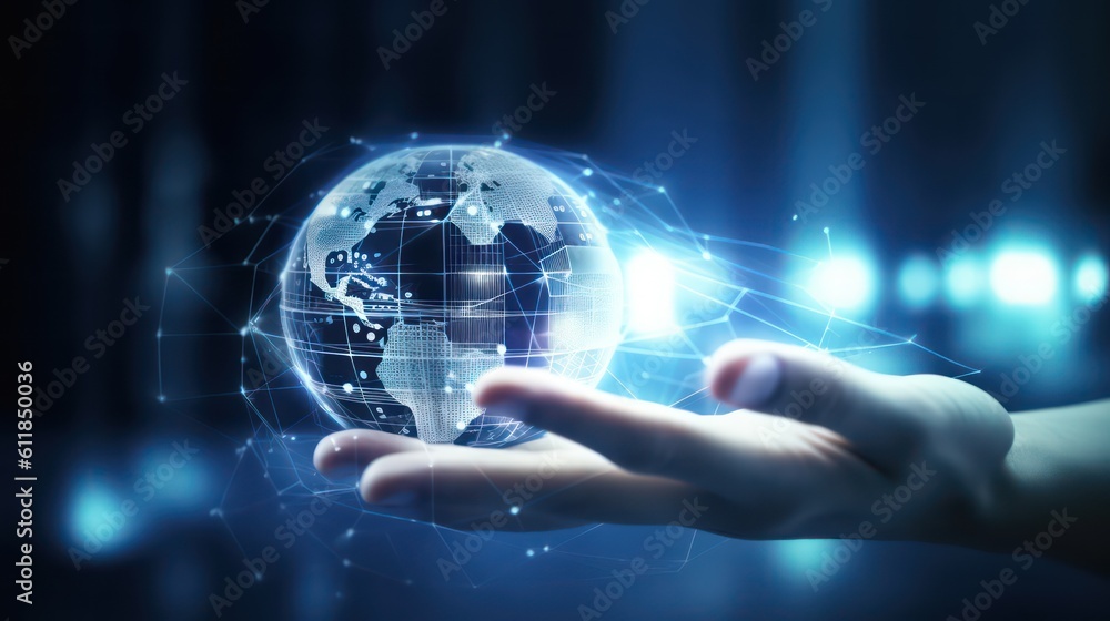 Poster ai generated 3d image of the businessman's hand holding a digital globe hologram on a world network 