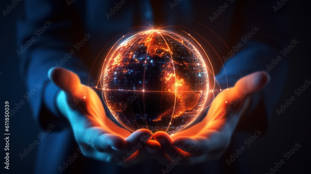 Aufkleber ai generated 3d image of the businessman's hand holding a digital globe hologram on a world network 