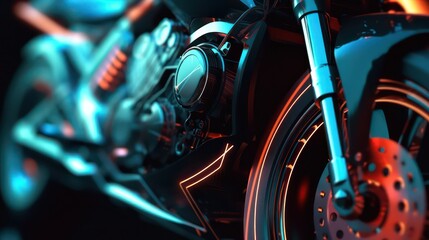 Generating AI illustration of a futuristic motorbike with the abstract digital technology background.