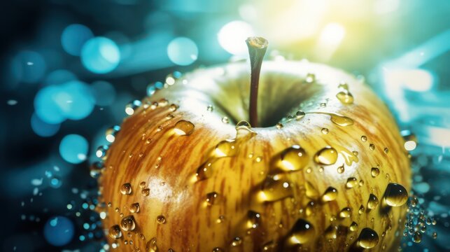 AI generated 3D image of an apple with water drop on the abstract light bokeh blurred background. 