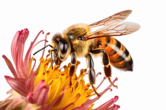 Honey bee sits on a flower and collects nectar. Close - up of a working insect. Generative AI