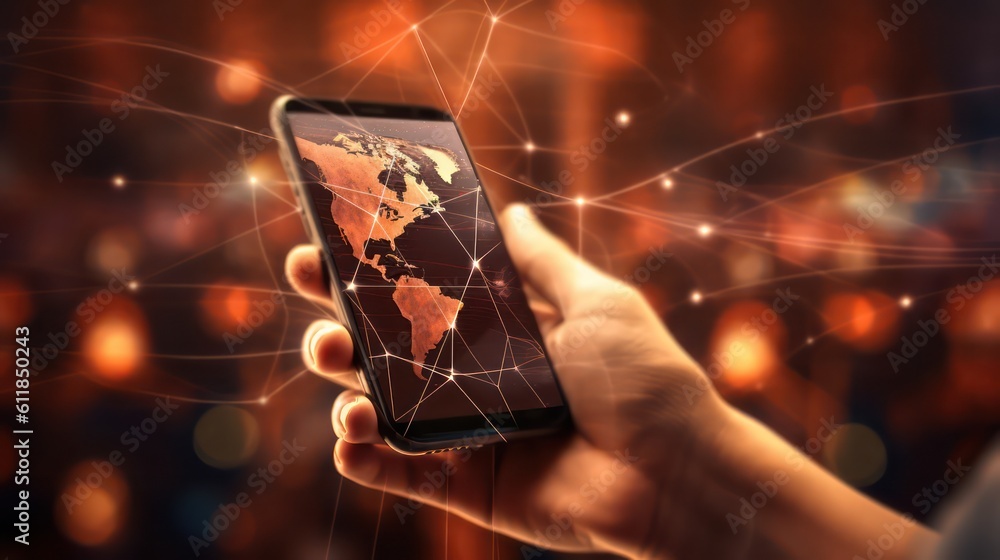 Aufkleber view of a businessman holding a smartphone with a global network connection - 3d ai generated image
