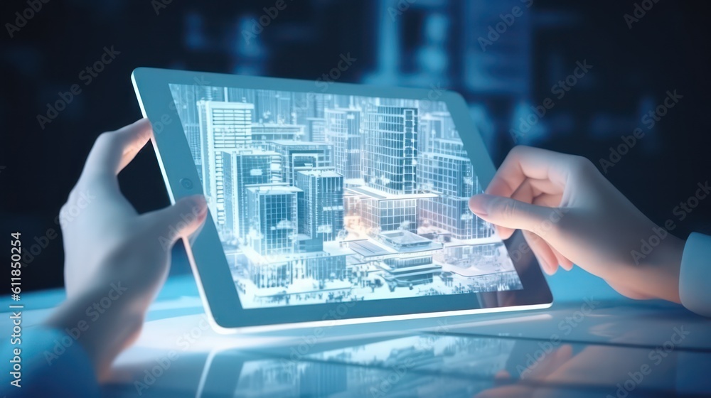 Poster ai generated 3d image of hand holding smartphone with a glowing network hologram over blurred backgr