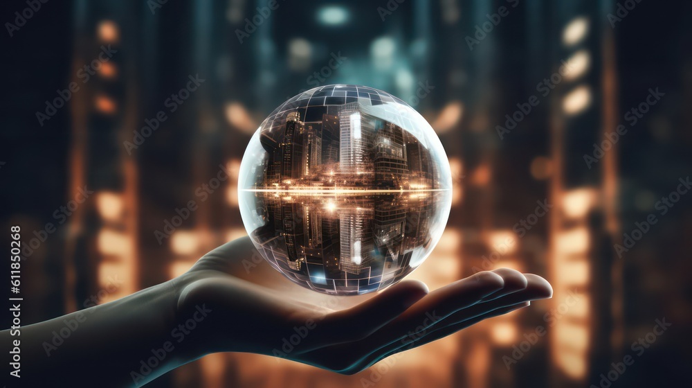 Poster ai generated 3d image of the businessman's hand holding a digital globe hologram on a world network 