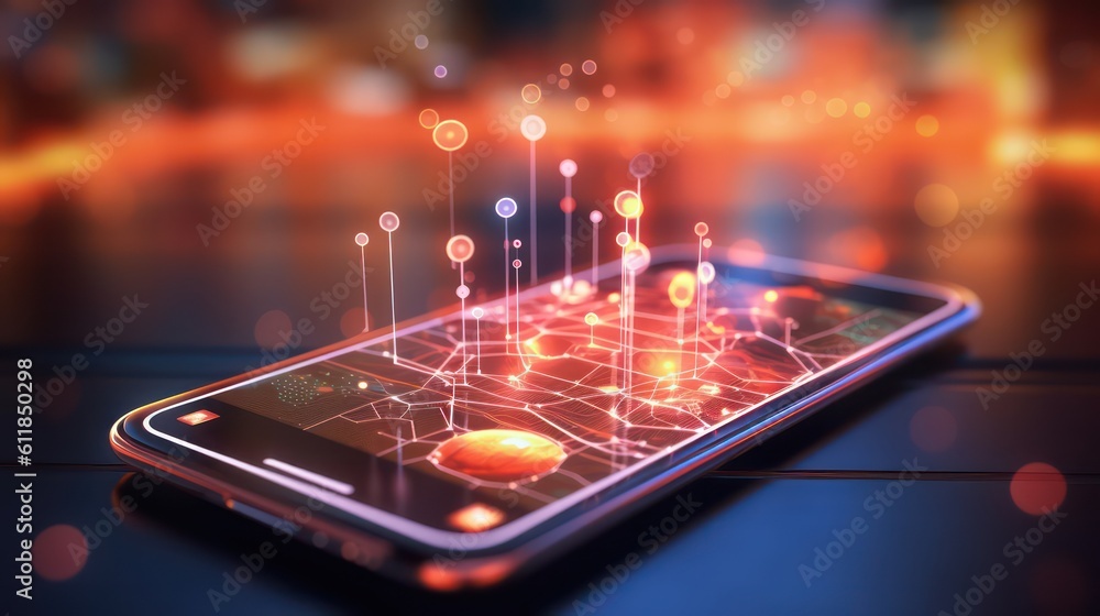 Poster view of a businessman holding a smartphone with a global network connection - 3d ai generated image