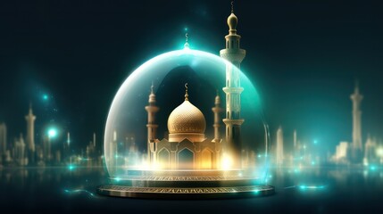 Illustration of mosque with glowing lights on a twilight background. 3d AI generated image