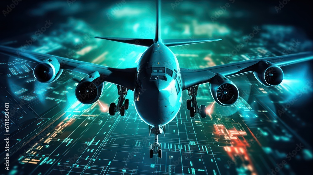 Aufkleber 3d ai generated image of the airplane in abstract digital technology background.