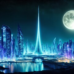 future fantasy modern city at night time, generative art by A.I.
