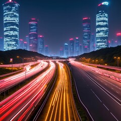 Obraz premium future highway road with modern city at night time, generative art by A.I.