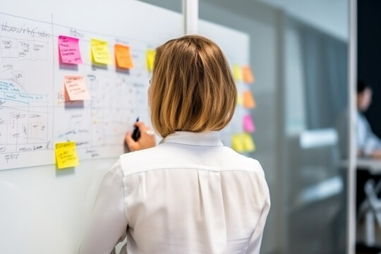 rear view of Woman sketching a business plan on a placard at a creative office