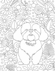 Cute Shih Tzu Floral Line Art for Coloring Book Interior 
