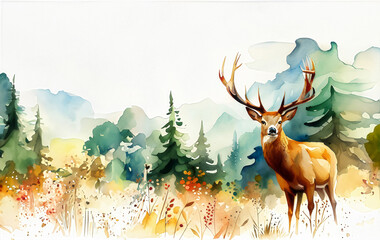 Watercolor animal template background deer in the forest, created with generative AI