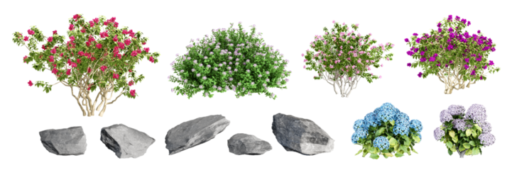 Landscape design elements in 3d rendering on white