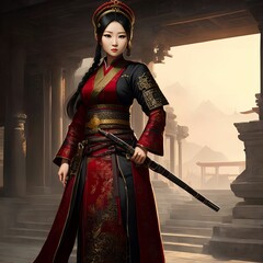 Fototapeta na wymiar illustration of asian woman warrior assassin at the ancient age, generative art by A.I.