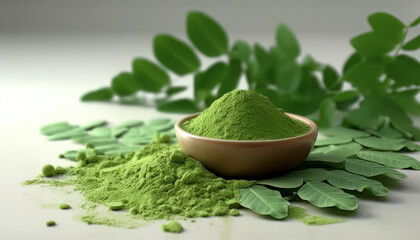 Moringa powder (Moringa Oleifera) in ceramic bowl with original fresh Moringa leaves isolated on white background. Healthy product, superfood, vitamin. Generative AI