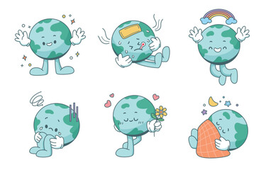 Set of earth characters in trendy cartoon style. Planet mascot with hands and legs. Globe in various poses and emotions. Flat cartoon style vector illustration isolated on white background.