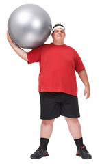 Portrait, obesity and man with exercise ball, weight loss and guy isolated against a white studio background. Face, male person and model training, overweight and obesity with fitness and wellness