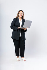 Indian businesswoman or employee using laptop on white background.