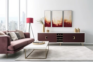 living room with hardwood floor burgundy and gold crisp and clean minimalist staging sideboard