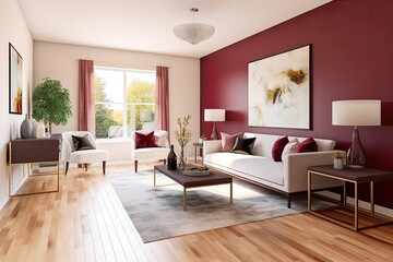 living room with hardwood floor burgundy and gold crisp and clean minimalist staging sideboard