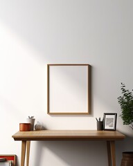 a mockup of an empty, blank frame in A detailed image of a desk adorned and a blank white wall frame with empty