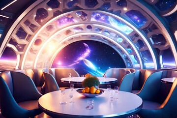 futuristic hard surface interior design of spaceship dining room, generative art by A.I.