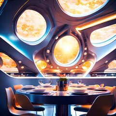 futuristic hard surface interior design of spaceship dining room, generative art by A.I.