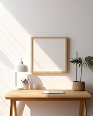 a mockup of an empty, blank frame in A detailed image of a desk adorned and a blank white wall frame with empty
