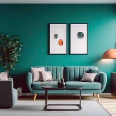 a modern living room turquoise walls abstract pictures on the wall light furniture extra modern real-life photography